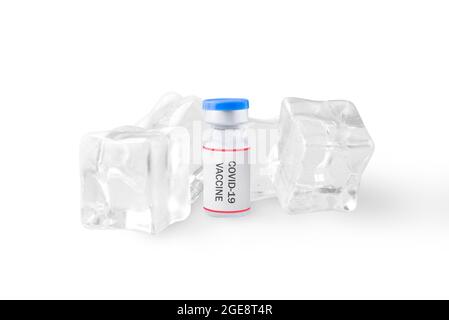 Covid 19 vaccines with ice cubes isolated over white background Stock Photo