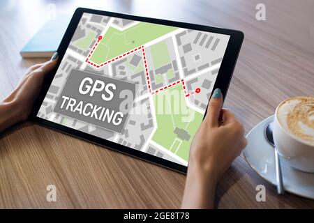 GPS Global positioning system tracking map on device screen Stock Photo ...