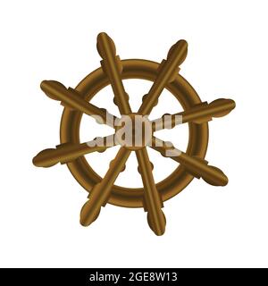 Vintage wooden and brass ship's steering wheel isolated on white background. Old nautical steering wheel icon. Stock Vector