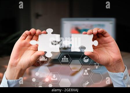 Business Woman Holding Jigsaw Puzzle Piece With Two Hands Unlocking New Futuristic Technologies. Palm Carrying Puzzles Part Displaying Solving Late Stock Photo