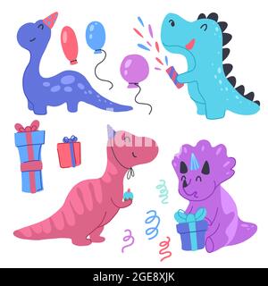 Set of happy little dinosaurs with birthday celebrate birthday. Festive party. Vector child cartoon baby dino, balloons and gift boxes in bright color Stock Vector
