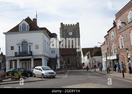 Views of Wallingford town centre including the town hall and the Church St Mary le More in Oxfordshire in the UK Stock Photo