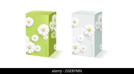 Mockup of packcge box shape with modern chamomile or fluffy white flower decor on green and light blue Stock Vector
