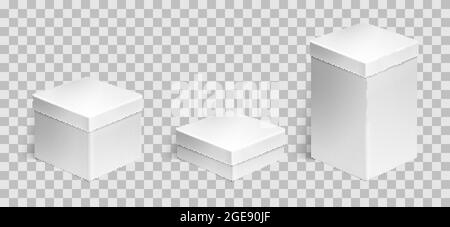 Set of 3 realistic cardboard boxes over transparent background. Set of cosmetic or medical packaging. For Software, electronic device and other products or gifts. Design template. Vector illustration. Stock Vector
