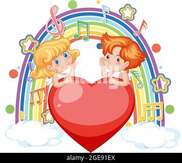 Cupid couple with melody symbols on rainbow wave illustration Stock ...