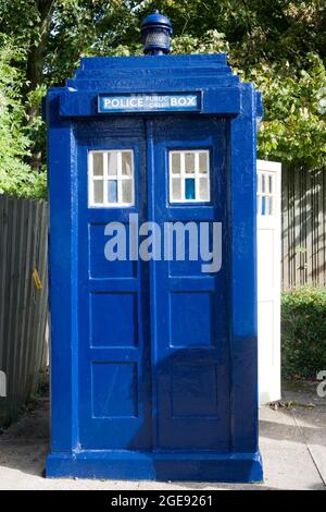 Police Call Box & Also Known As Dr Who's Tardis At The Avoncroft Museum of Historic Buildings Stoke Heath Bromsgrove Worcestershire England UK Stock Photo