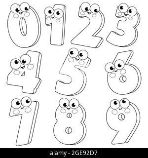 Cartoon number characters. Black and white coloring page. Stock Photo