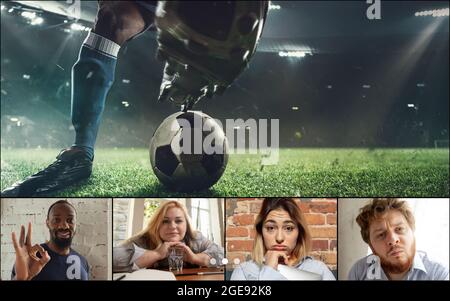 Collage, composite image. Group of young people watching soccer match online, using video app. PC, laptop screen with football player and spectators Stock Photo