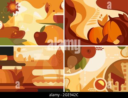 Set of Thanksgiving banners in flat style. Different placard designs. Stock Vector