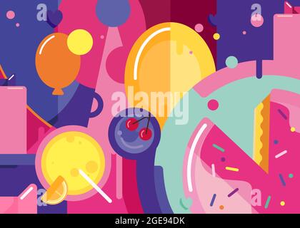 Happy Birthday banner with cake and balloons. Holiday placard design in abstract style. Stock Vector