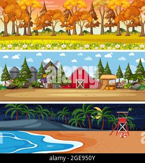Set of different nature horizontal scenes illustration Stock Vector