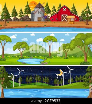 Set of three different nature horizontal scenes illustration Stock Vector