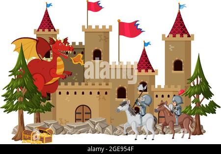 Knights fight with dragon at the castle illustration Stock Vector Image ...