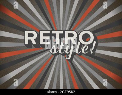 Old vector retro vintage lettering on sunrays background - gray text with dark long shadow effect and grain texture in the background. Retro style fly Stock Vector