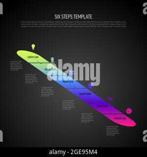 Six vector diagonal progress steps template with arrows and descriptions. Simple minimalistic progress procedure schema template with six steps elemen Stock Vector