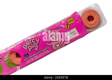 Packet of Percy Pig jam sandwich creams biscuits from M&S opened to show contents set on white background Stock Photo