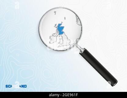 Magnifier with map of Scotland on abstract topographic background. Vector map. Stock Vector