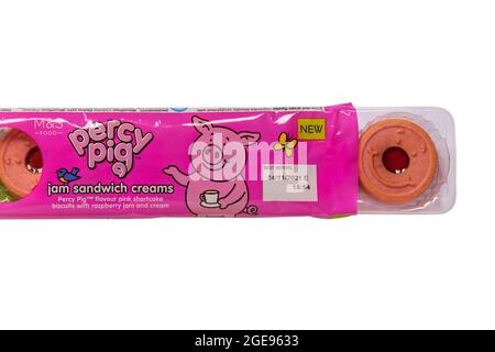 Packet of Percy Pig jam sandwich creams biscuits from M&S opened to show contents set on white background Stock Photo