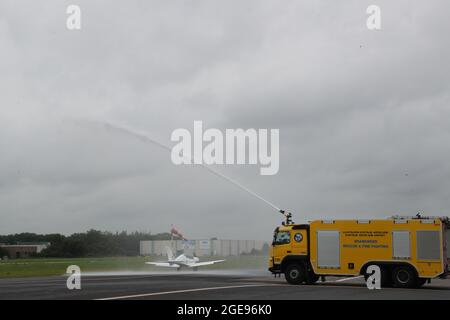 The plane is baptized before the departure of 19-year-old Zara Rutherford, for a record attempt to become the youngest woman ever to fly solo around t Stock Photo
