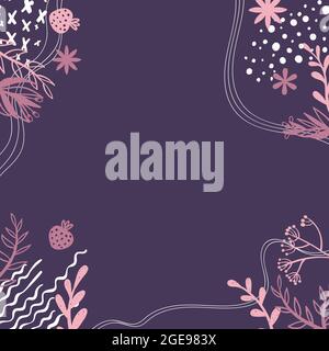 Square background with doodle flower and leaves silhouette and abstract shapes and place for text. Banner with copy space and hand drawn decorative pl Stock Vector
