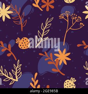 Decorative doodle flower silhouette and modern abstract shape  seamless pattern. Cute colorful repeated background with hand drawn botanical elements Stock Vector