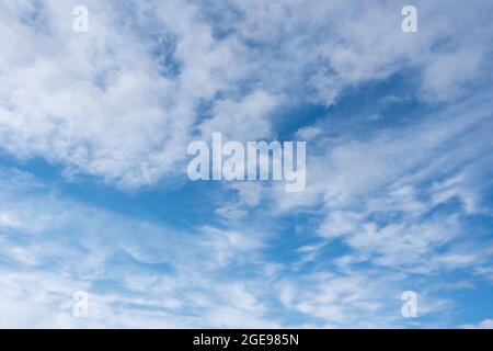 Cirrus clouds in the blue sky,beautiful Cirrus uncinus in the blue summer sky. Background of blue sky and white feathery clouds Stock Photo