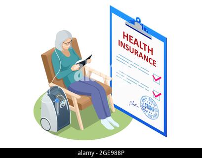 Isometric Insurance Policy, Medical Insurance, senior citizen health plan. Social Security Benefits Form for pensioners. Pension insurance Stock Vector