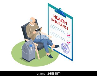 Isometric Insurance Policy, Medical Insurance, senior citizen health plan. Social Security Benefits Form for pensioners. Pension insurance Stock Vector
