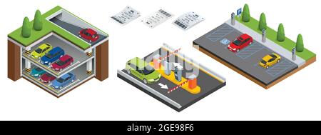 Isometric Underground parking with cars. Indoor car park under house or office. City parking lot with a set of different cars. Public car-park. Car in Stock Vector