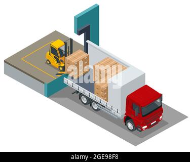 Isometric Logistics and Delivery concept. Delivery home and office. Logistics, Warehouse, Freight, Cargo Transportation. Storage of goods. Stock Vector