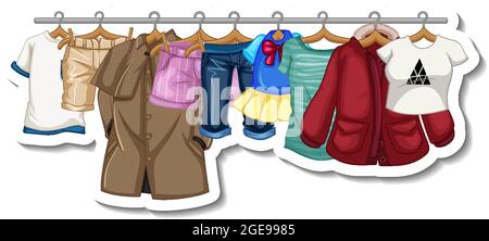 A sticker template of Clothes racks with many clothes on hangers on white background illustration Stock Vector