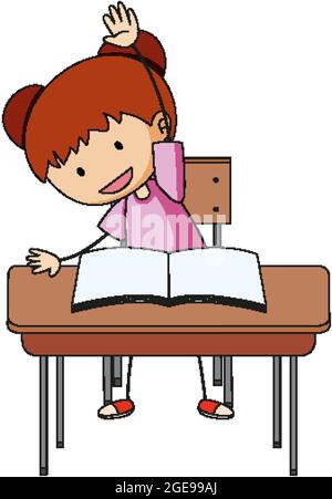A girl doing homework doodle cartoon character illustration Stock Vector