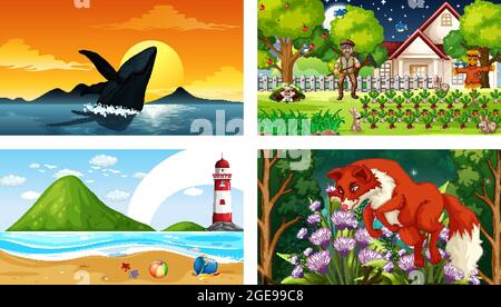 Four different nature horizontal scene  illustration Stock Vector