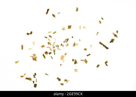 Dry chopped leeks isolated on white background, top view Stock Photo