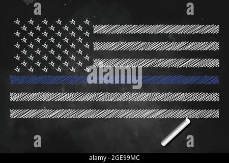 American flag with police support symbol, Thin Blue Line icon logo design illustration symbol Stock Vector