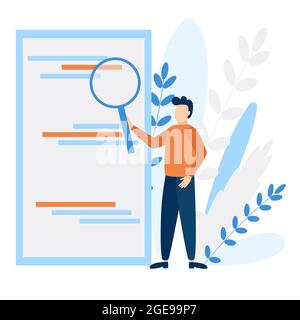 Man holding a magnifying glass flat vector. Concept of information search, research. Illustration of finding a solution. Stock Vector
