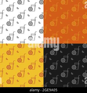 set of seamless patterns with Glass of refreshing citrus juice with straw and orange slice. Ornament for decoration and printing on fabric. Design ele Stock Vector