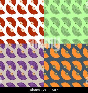set of seamless patterns with folding fan of Japanese geisha. Ornament for decoration and printing on fabric. Design element. Vector Stock Vector