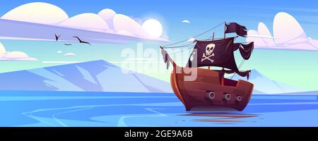 Pirate ship with black sails and flag with skull Stock Vector