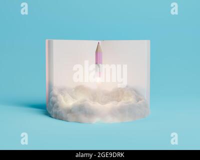 3D rendering of a pencil taking off like a rocket with smoke on a blue ...