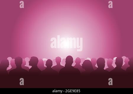 Silhouetted crowd ( audience, fans ) looks black by backlight. Vector banner illustration. Stock Vector