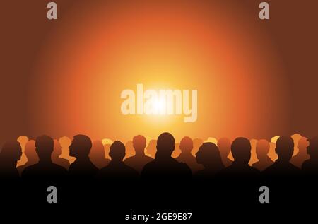 Silhouetted crowd ( audience, fans ) looks black by backlight. Vector banner illustration. Stock Vector