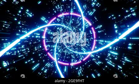 Swirl Blue Neon Line Rotation Sci Fi Background Stock Photo
