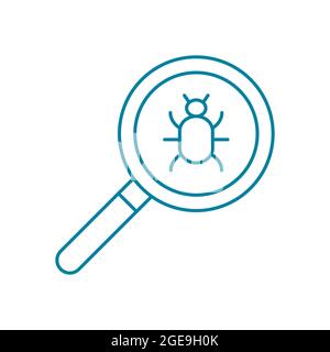 Computer program bug. Search, find and fix PC viruses. Magnifying glass and a bug icon. Error in operating system, software or web. Cyber security. Stock Vector