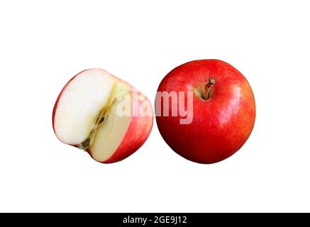 Fresh ripe red apple whole fruits with a slice isolated on white background Stock Photo