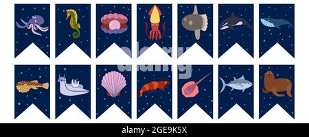 Flags garland for birthday party with sea animals on colorful dark blue background. Octopus and seahorse, squid and whale, shrimp, tuna. Hand drawn kid illustration. Vector bunting design set. Stock Vector