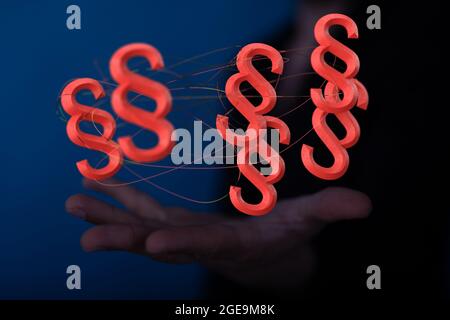 3D render of floating red paragraph law and justice symbols Stock Photo