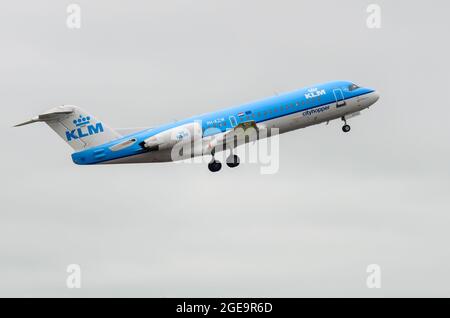 KLM Cityhopper Fokker 70 jet airliner plane PH-KZW taking off from Manston Airport, Kent, UK. Regional airline of KLM. Feeder airline Stock Photo