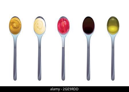 Big sauce in spoons set. Soy, Olive Oil, Mustard, Ketchup and Mayonnaise sauces. Condiment elements for food design. Stock Vector