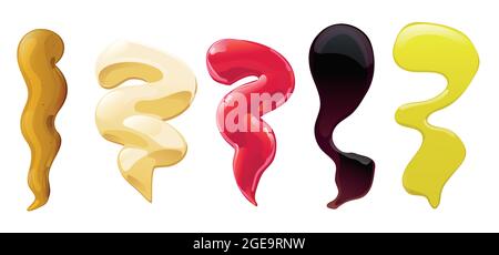 Big sauce puddles and splashes set. Soy, Olive Oil, Mustard, Ketchup and Mayonnaise sauces. Condiment elements for food design. Stock Vector